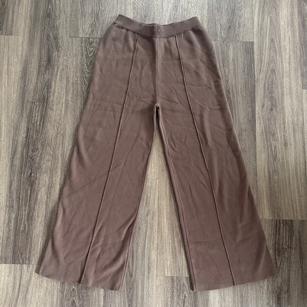 Commense Chocolate Wide-Leg Pants Cotton Knit Ribbed High Rise